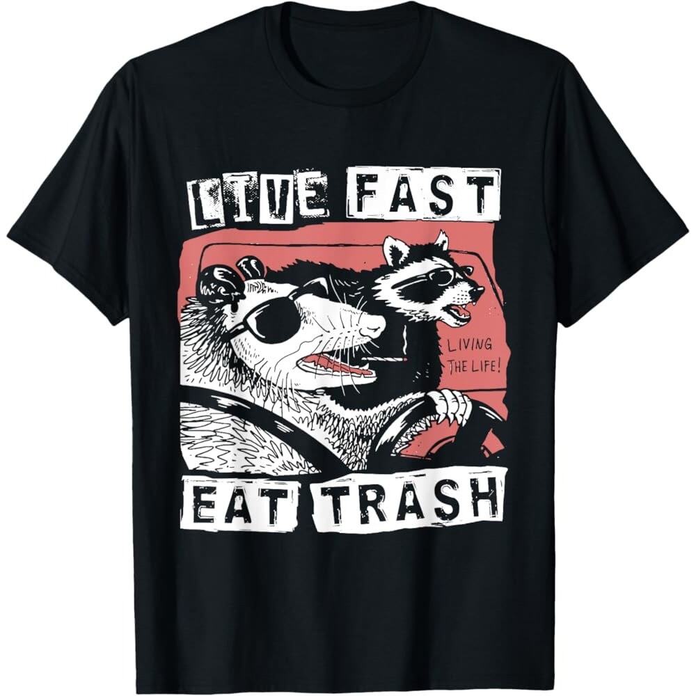 ROMWE Live Fast Eat Trash T-Shirt Youth L 8/10 Opossum Raccoon Funny Graphic Tee